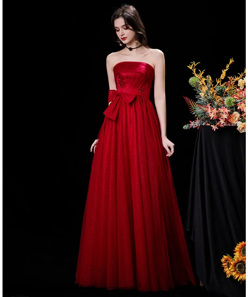 

KAUNISSINA Elegant Burgundy Prom Dresses A Line Sleeveless Strapless Evening Gowns Bow Long Formal Occasion Dress Vestidos Robe