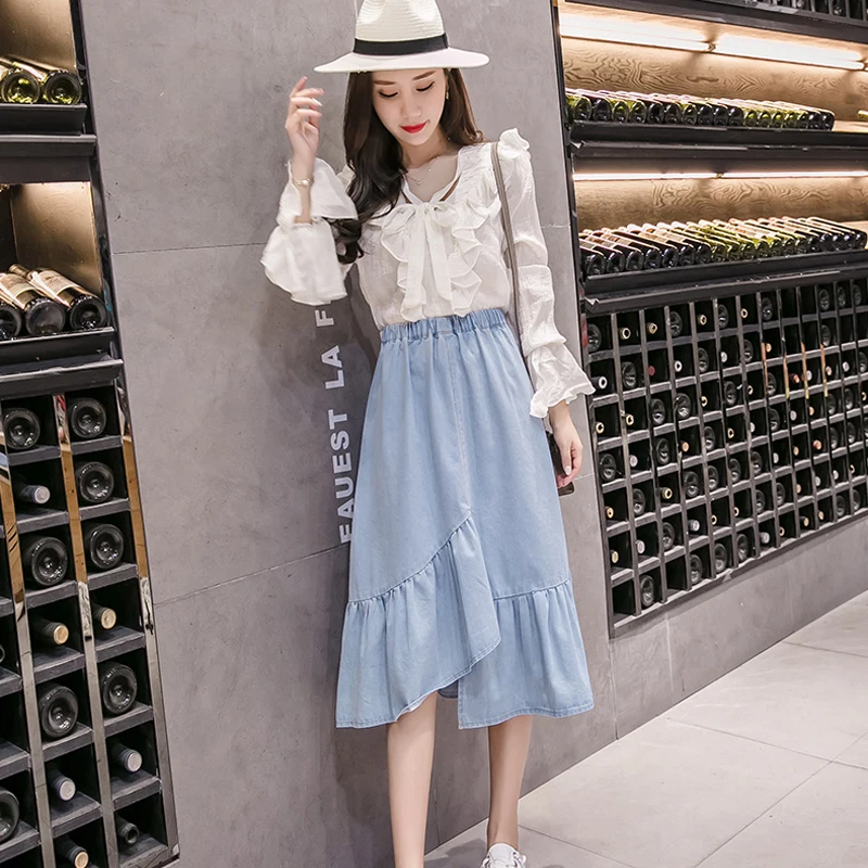 

Women College All-Match Ruffle Midi Long Jean Skirts Blue Irregular High Waist Plus Size Casual Denim Skirt Female Streetwear