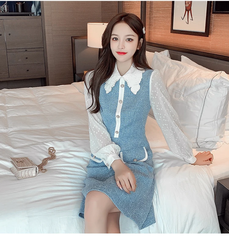 

Newest Runway Office Lady Patchwork Tweed Dress Women Long Sleeve Turn Down Collar Slim Waist Buttons Autumn Vintage Vestidos