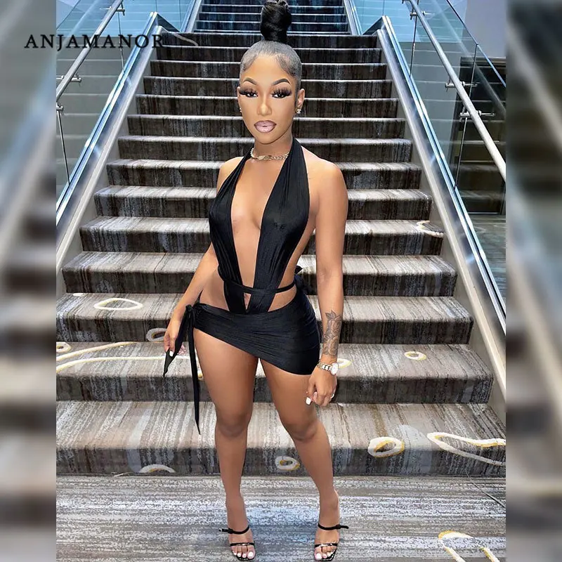 

ANJAMANOR Sexy Two Piece Set Backless Halter Bodysuit Top Mini Skirts Club Bandage Dress Women Clothing Summer 2021 D96-BG17