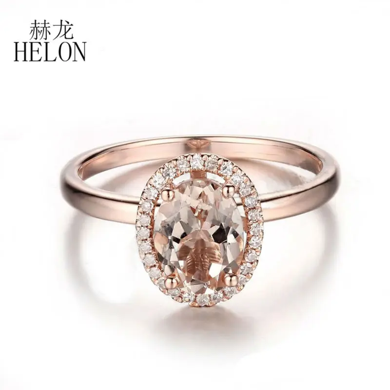 

HELON Solid 14K Rose Gold AU585 Flawless Oval 8x6mm Morganite Diamonds Engagement Ring Women Trendy Fine Jewelry Diamonds Ring