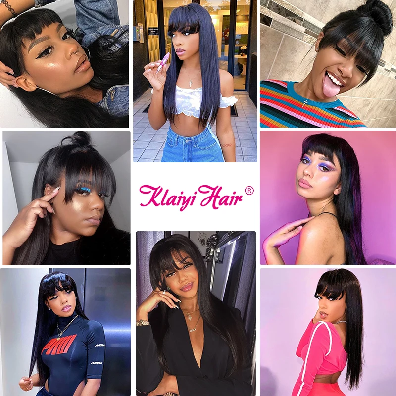 

Klaiyi Hair Straight Wig With Bangs 12-24 Inch Brazilian Remy Human Hair Wigs For Women Full Machine Made Wig Natural Color
