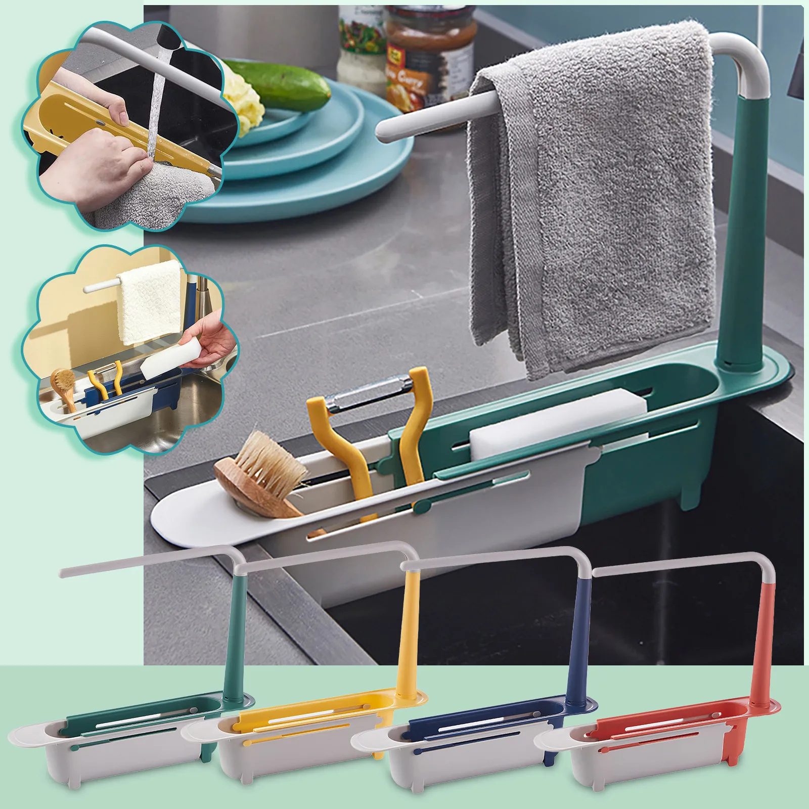 

Hot Sale Telescopic Sink Shelf Kitchen Sinks Organizer Soap Towel Sponge Holder Drain Rack Storage Basket Gadgets Accessories #4