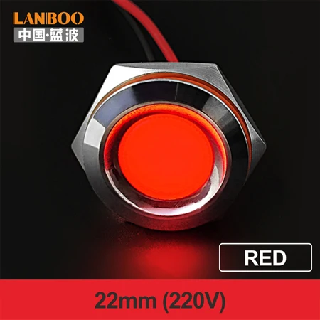 22mm-Red(220V) LANBOO 16 мм, 19 мм, 22 мм, красный, зеленый, желтый, синий, 12 В, 24 В, 110 В, 250 В, светодиодный металлический индикатор, лампа, индикатор, светильник, одна лампа, водонепроницаемая - Цвет: 22mm-Red(220V)