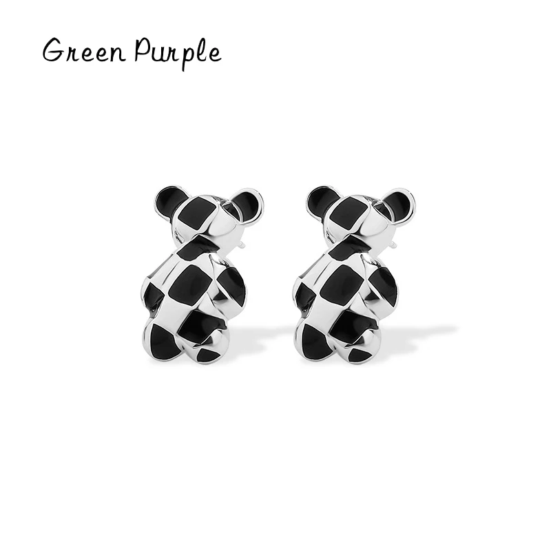 

Green Purple Real s925 Silver Stud Earrings Cute Bear Earring Enamel Handmade Earrings Stud For Women Fine Fashion Jewelry Gifts