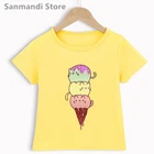 Новое поступление 2021, футболка с забавным котом и мороженым, детская одежда, желтая футболка с коротким рукавом, рубашка для мальчиков в стиле Харадзюку, летняя детская футболка