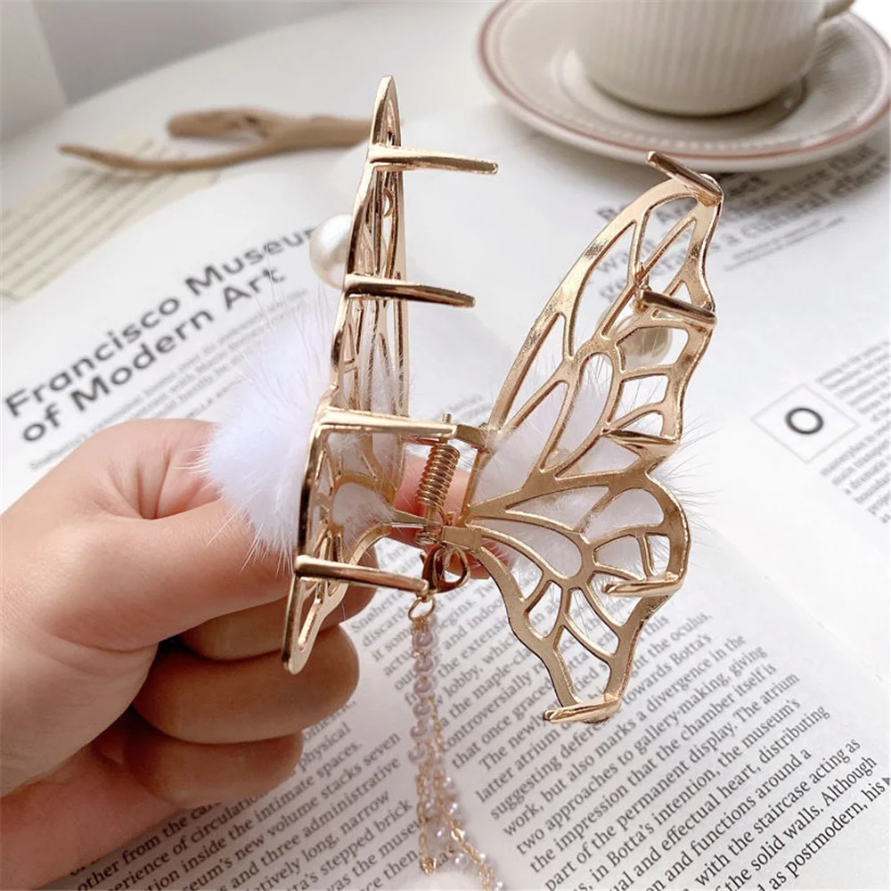 

Fairy Hollow Crab Clips Butterfly Handmade Hair Clip Furrly Ball Imitation Pearl Chain Long Tassel Hair Claw Hair Accessories