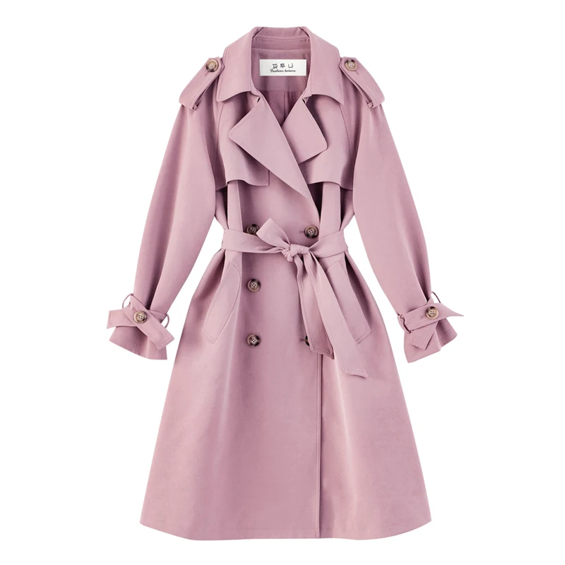 

Fashion New Khaki Pink Trench Coat for Women Double-Breasted Long Duster Coat with Belt Lady Windbreaker Spring Autumn Outerwear