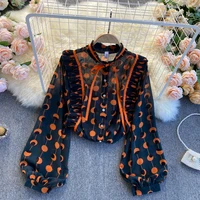 2021 spring chiffon blouse female pleated wood ear slim puff sleeve stand collar blusa color matching polka dot shirt c433