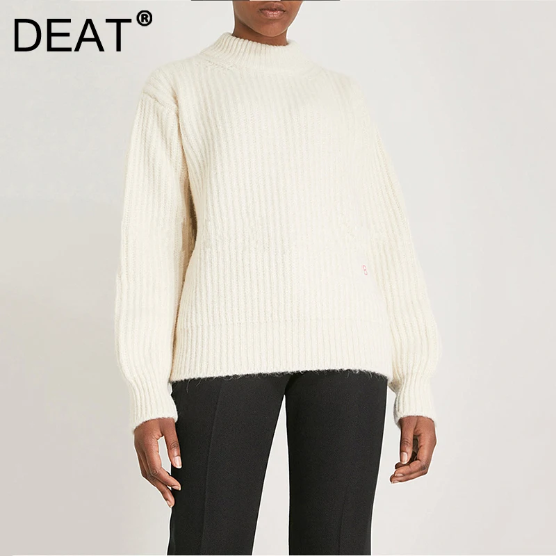 

DEAT 2021 New Spring And Autumn Casual Thick Half High Neck Letter Embroidery Loose Lazy Thick Stick Needle Sweater Women SL606