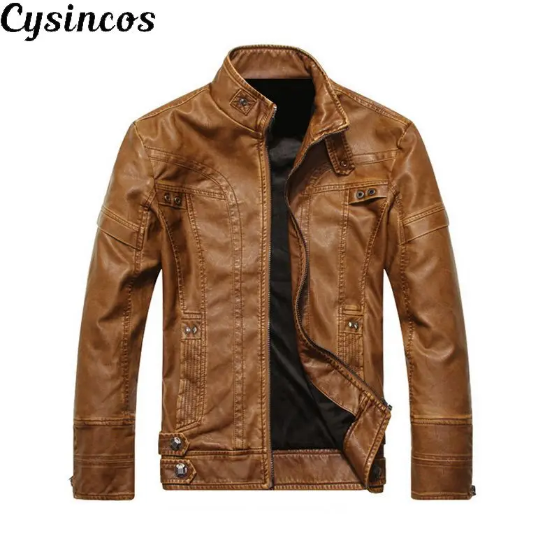 Мужская байкерская куртка CYSINCOS повседневная из искусственной кожи с воротником