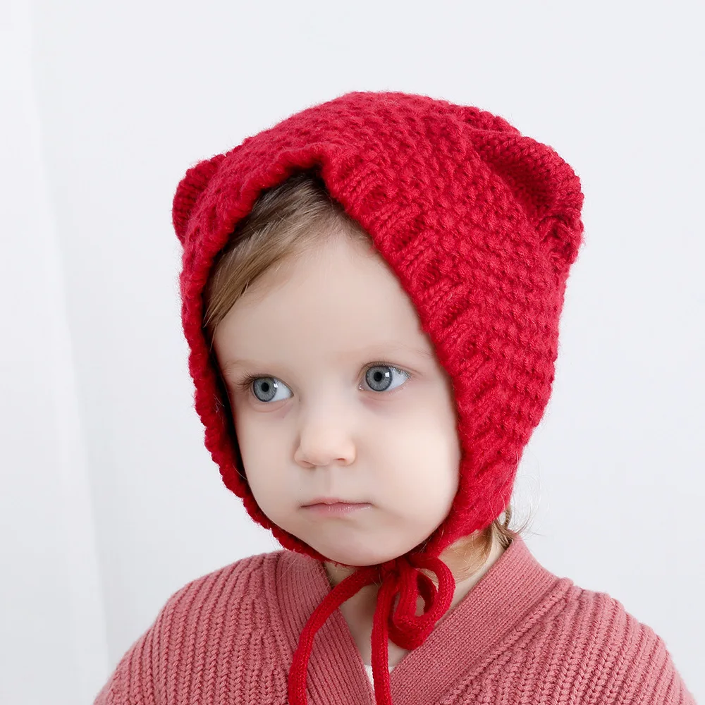 

Newborn Warm Turban Girls Winter Knitted Hat Baby Boy Earmuffs Caps Wool Crochet Beanie Children Cat Ears Lacing Headwrap Hats