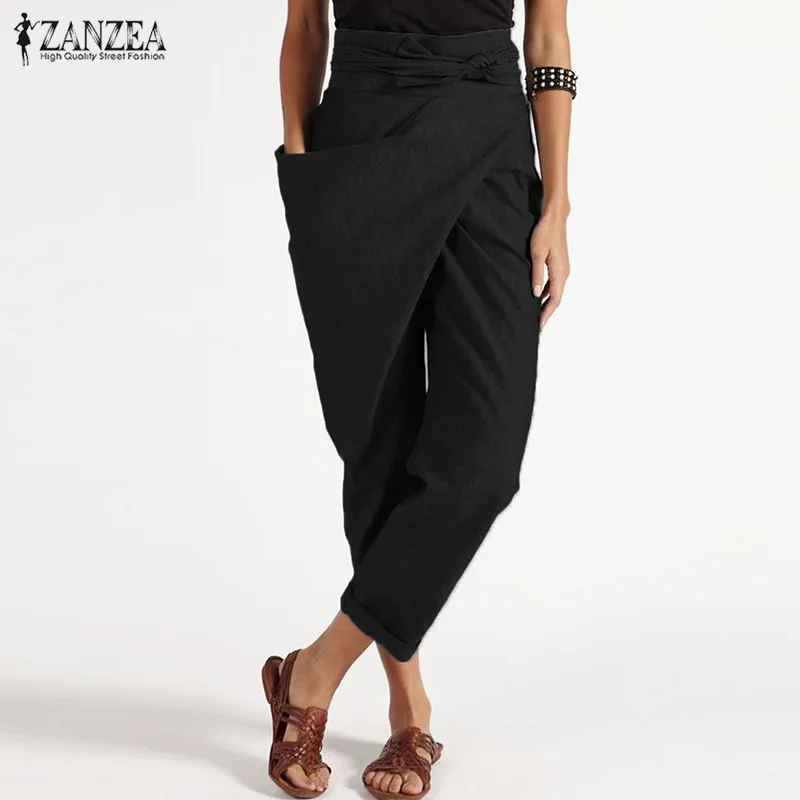 Брюки ZANZEA Женские повседневные с поясом модные однотонные штаны-султанки