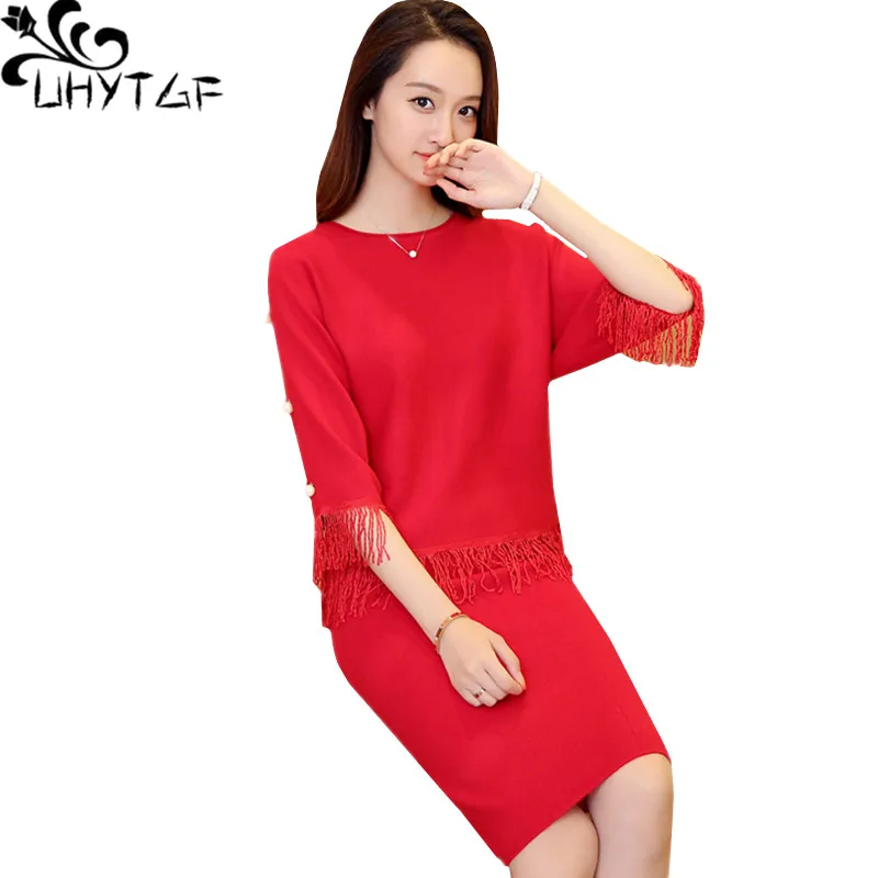 

UHYTGF Spring sets female fashion tassel beaded elegant lady two piece set O neck pullover Knitted Short top skirt set women 837