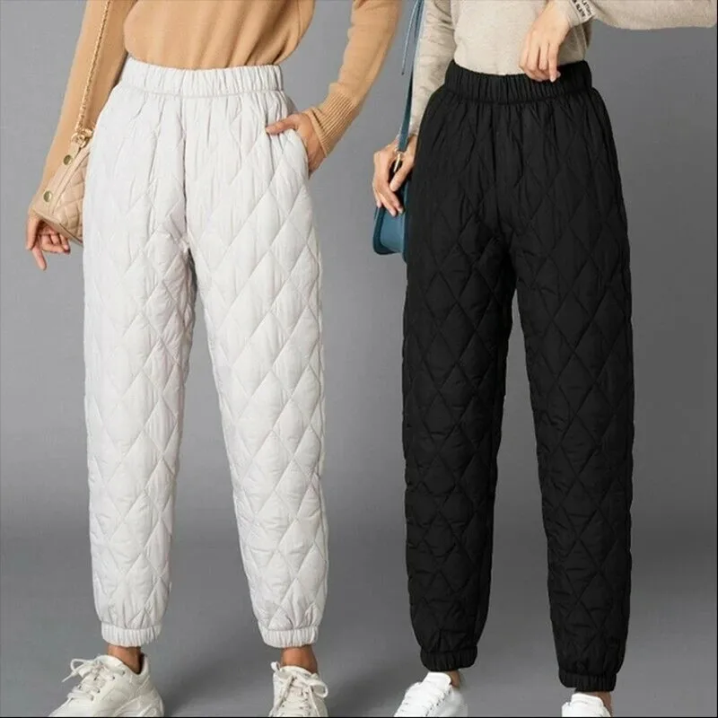 

Women Winter Warm Cotton Pants Padded Quilted Trousers Elastic Waist Casual Trousers 2021 Winter Thicken Pants