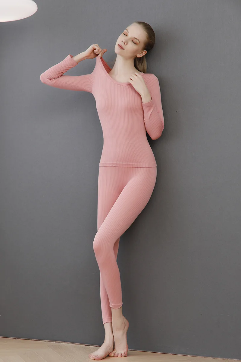 Thermal Underwear Bottoming Shirt Suit Long-sleeved Top Pants Blusa Termica Feminina Solid Color Round Neck Thick Warm Underwear