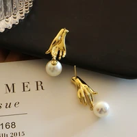 tarcliy geometric metal palm stud earrings simple small metallic fingers with pearl earrings women cute exquisite ear jewelry