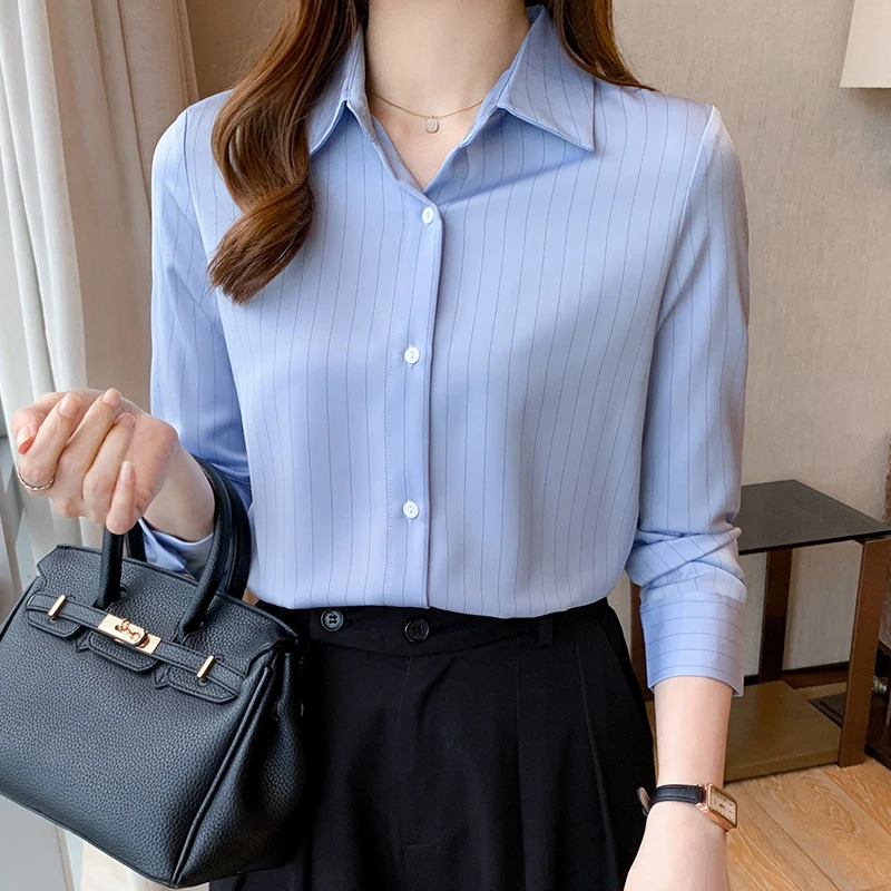 

2021 Fall Blue Striped Women Shirt Fashion Office Ladies Tops Long Sleeve OL Satin Shirts Button Polo Collar Top Women's Clothes