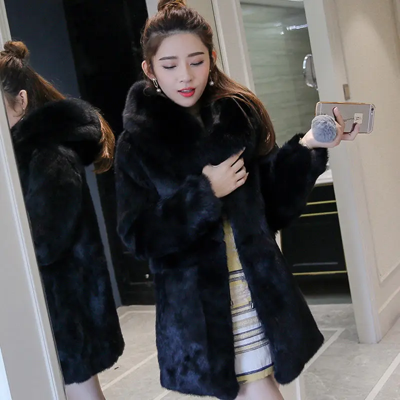 

New Real genuine natural rabbit fur coat with fox fur hood women's fashion jacket outwear custom any size