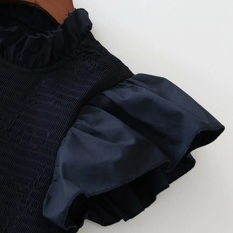 

Fungus O-neck Flying Sleeve Femme Mini Robe Elastic Pleated Slim Ruffles Design Solid Women Dress 2021 Summer New Japan Vestidos