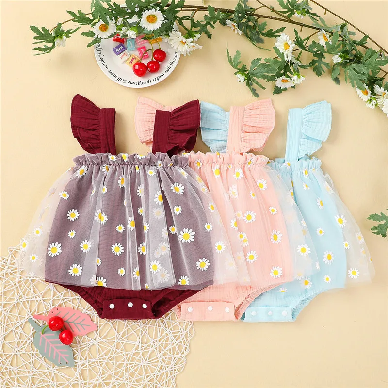 

Baby Girl’s Casual Sleeveless Romper Fashion Daisy Printed Mesh Yarn Stitching Ruffles Short Jumpsuits New Style 2021