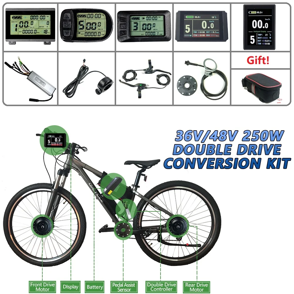

RICETOO Electric Bicycle 36V48V 250W Double Driver Conversion Kit 16-28 Inch 700C Front and Rear Electric Wheel Motor for Ebike