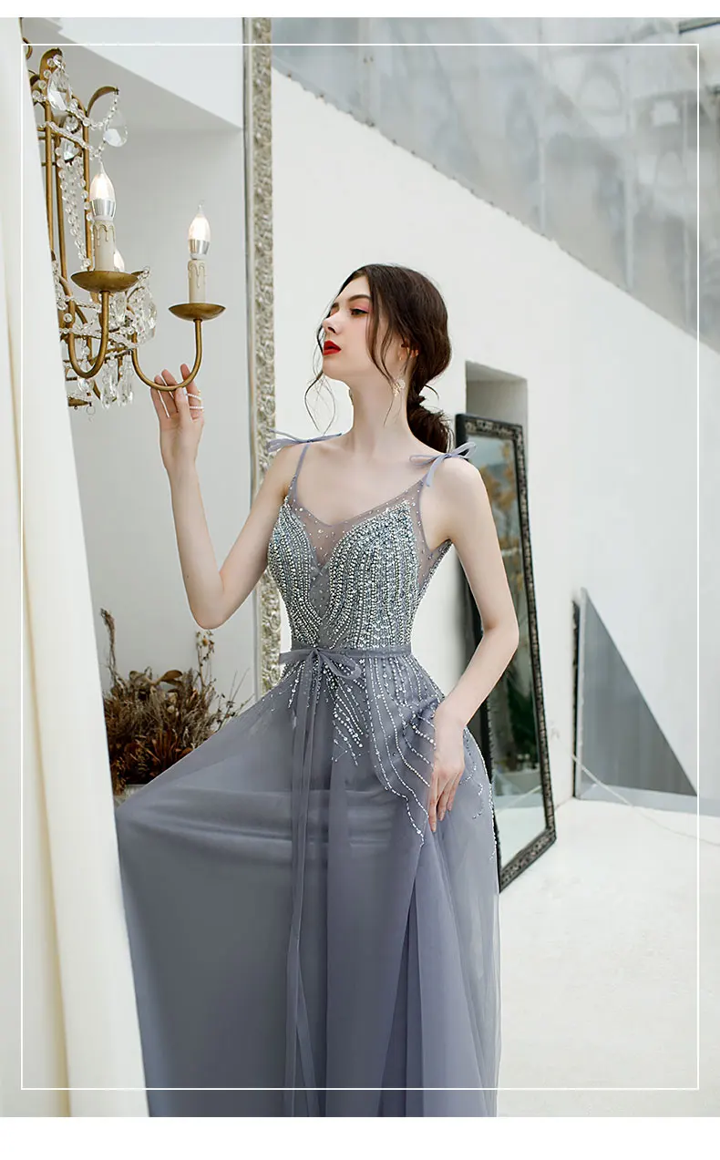

TaoHill Aline V-neck Light Navy Blue Evening Dresses with Beading and Pearls