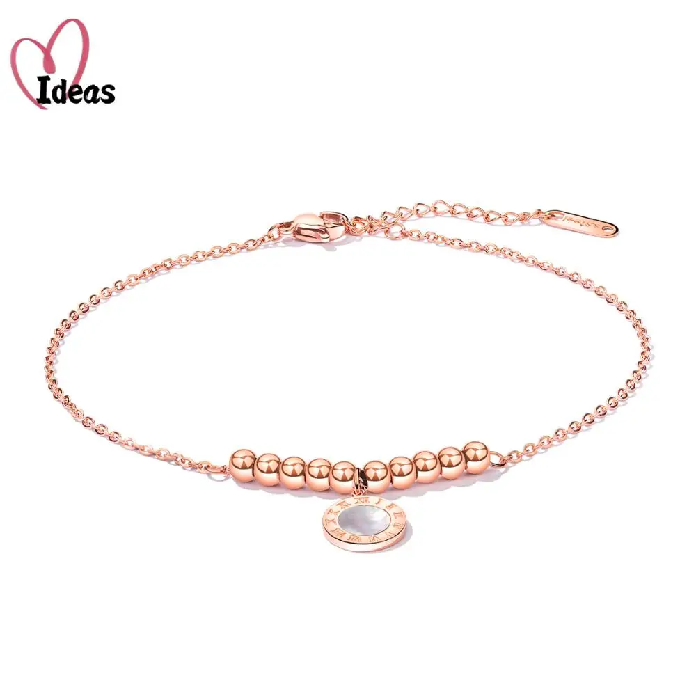 

Lovely Beads White Shell Round Roman Numerals Women Anklet Titanium Steel Rose Gold Color Chain Anklets Foot Jewelry