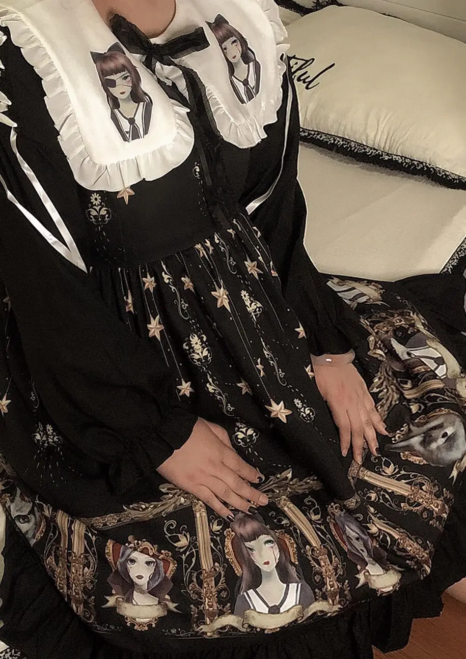 Черное готическое платье с длинным рукавом в стиле панк осенне-зимнее большого