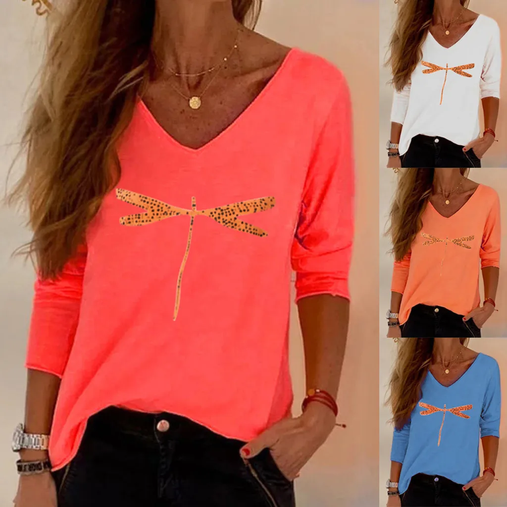 Женская футболка с длинным рукавом v образным вырезом и принтом