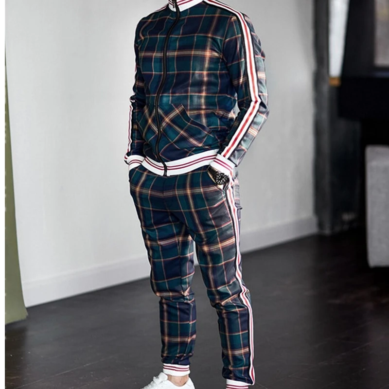 

Men Sets 2 pieces Tracksuit Homme Zipper Grid Cardigan Sweatshirts+Pants Sportwear Suit Casual Men Print Jogging Men's Suit