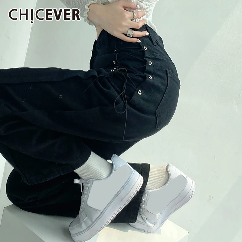 

CHICEVER Black Patchwork Denim Women's Pants High Waist Full Length Straight Wide Leg Baggy Jeans For Women 2021 Streetwear New