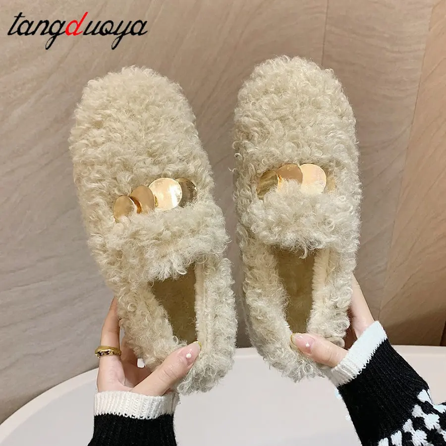 

Chain lambswool flats moccasins femme slip on plush winter ladies shoes curly furry loafers women creepers zapatos plus size 43