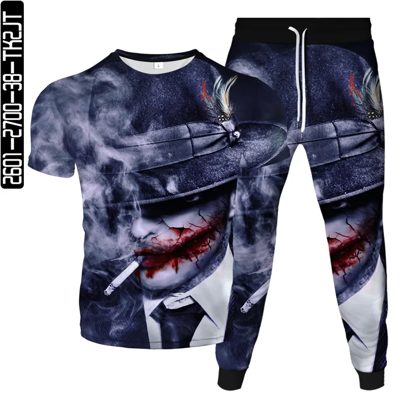 

Summer new male horror elements Gothic O-neck T-shirt + lace-up sweatpants two-piece suit of horror man's face 3D printing