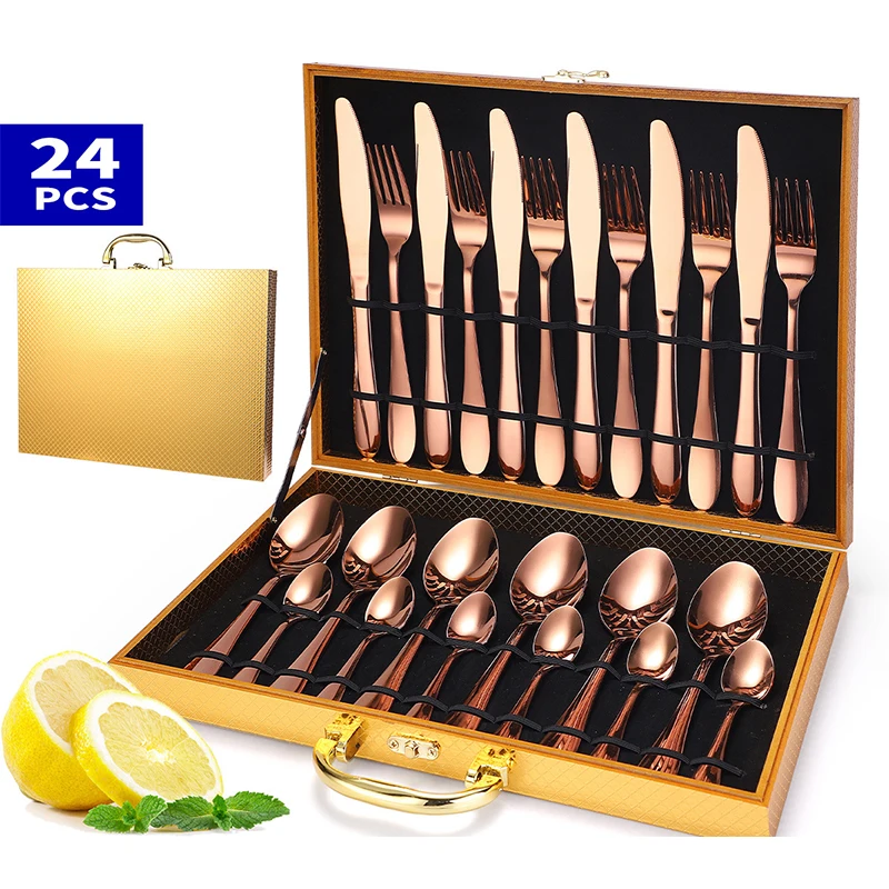 

Rose Gold Cutlery Set Luxury Steak 24 Piece Reusable Gift Box Travel Cutlery Eco Friendly Juego De Cubiertos Dinnerware DE50CJ