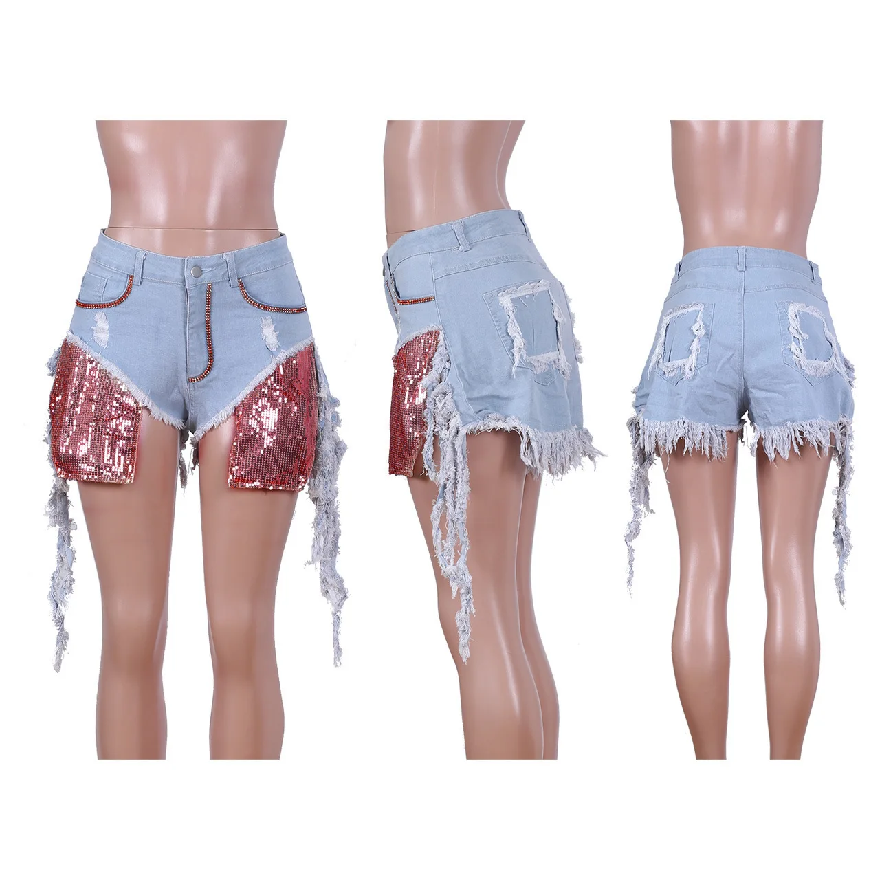 

Cutubly Denim Shorts Summer Women High Waist Short Tassel Washed Sequins Patchwork Jeans Shorts Streetwear Sexy Night Club Party