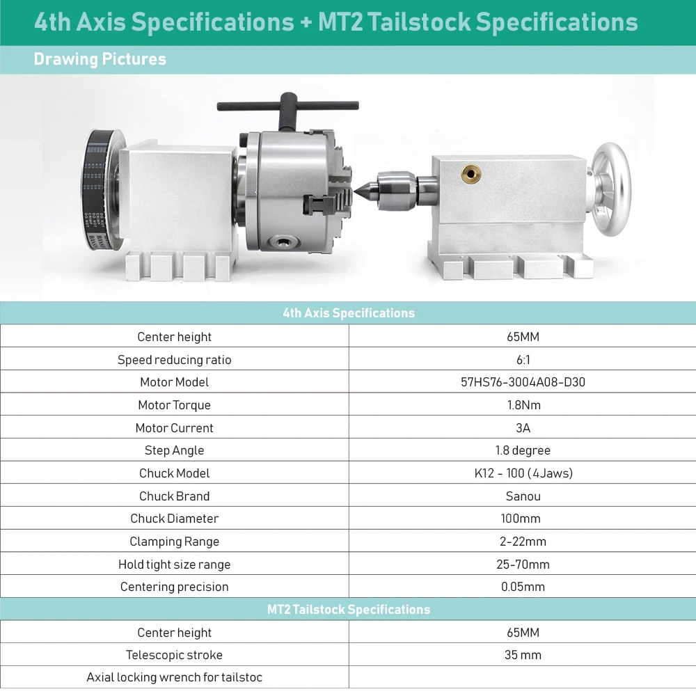 EU ship 4th axis rotary Nema23 1.8Nm stepper motor ratio (6:1) K12-100mm 4-Jaw Chuck+mt2 tailstock + DM542 driver power supply |