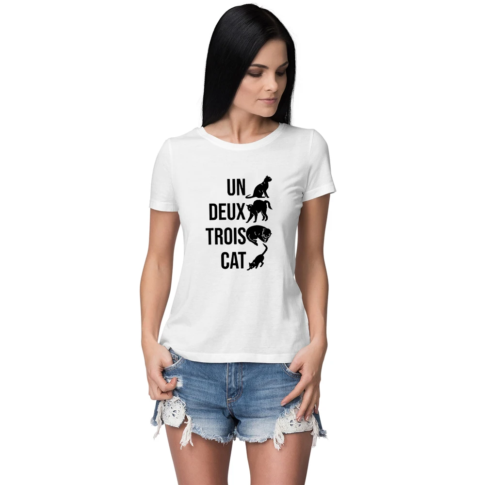 

Black Cat Printed Women Tshirt Modern Breathable Animation Short Sleeve T Shirt Cartoon UN DEUX CAT Letter Summer Clothes Trend