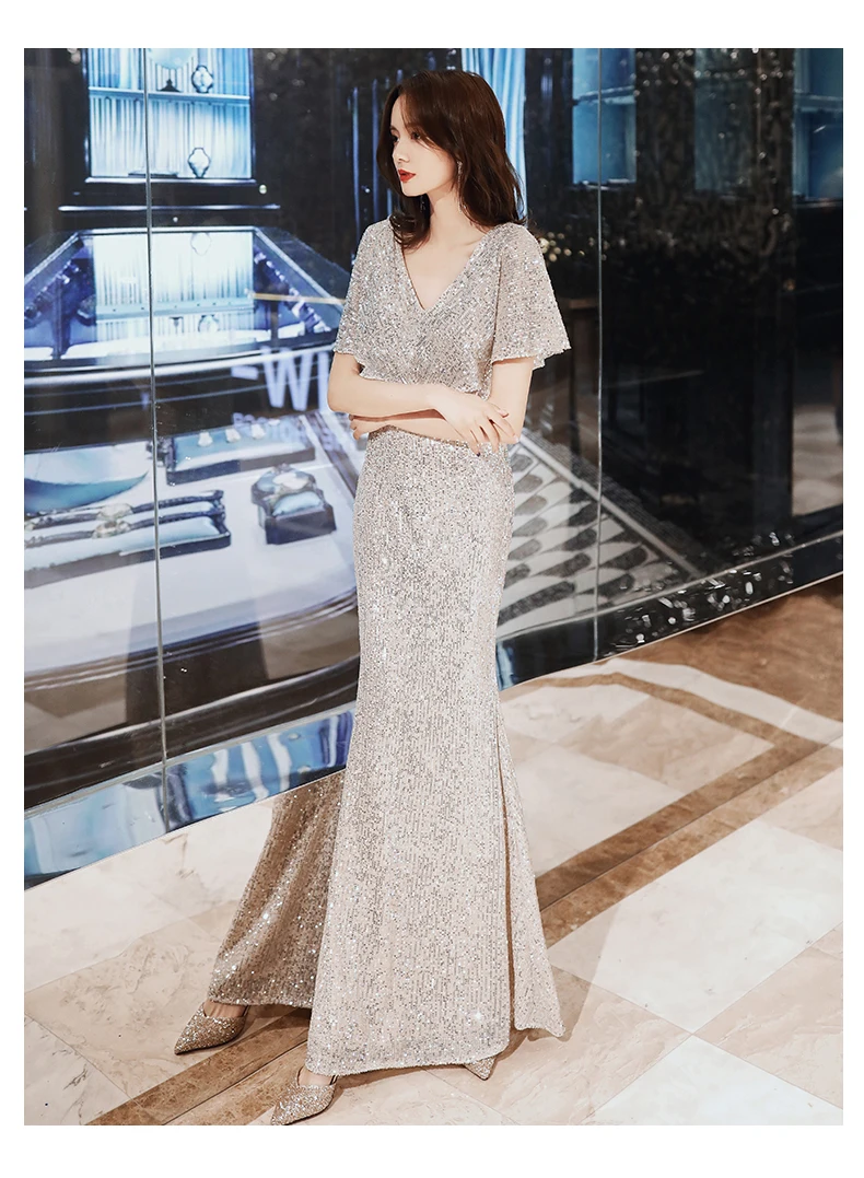 

New 2020 Evening Dress Long Lace Sequins V-neck Heavy Shoulder Sleeve Fashion Party Party Gown Princess Elegant Fishtail Long Dr