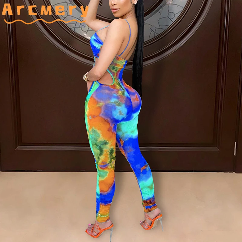 

Women Abstract Printed Spaghetti Strap Skinny Backless Jumpsuit