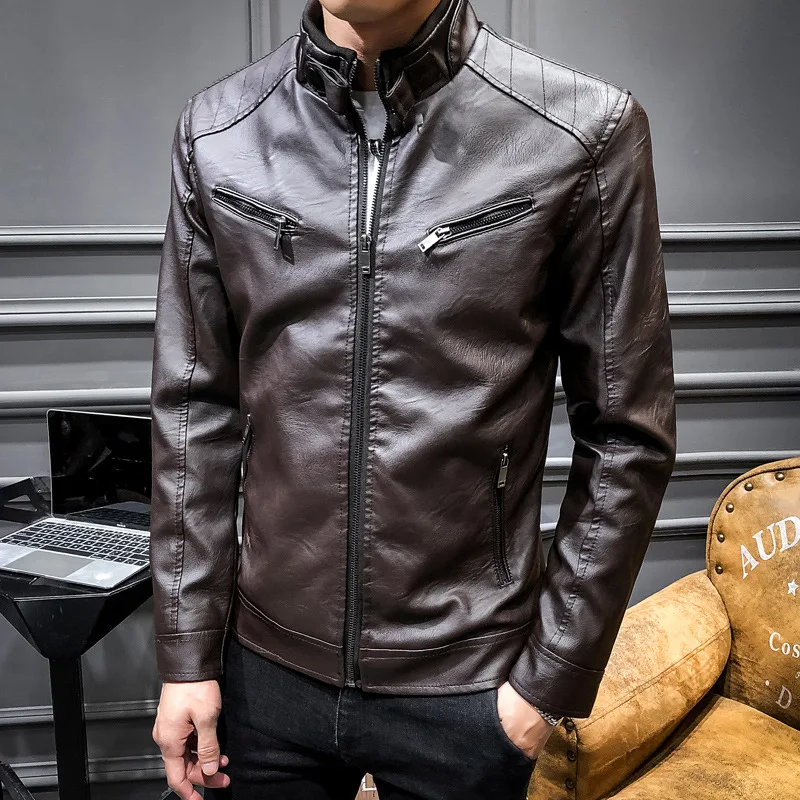 

Youth Men motorcycle leather jacket solid color stand-up collar spring autumn men slim fashion handsome casual PU leather coat