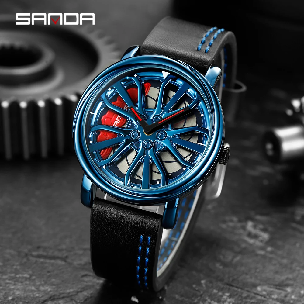 Sanda Fashion Leather Mens Watches Rim Hub Clock Run Sport Car Wheel Watch Waterproof Luxury Brand Quartz Wristwatch 2021relógio