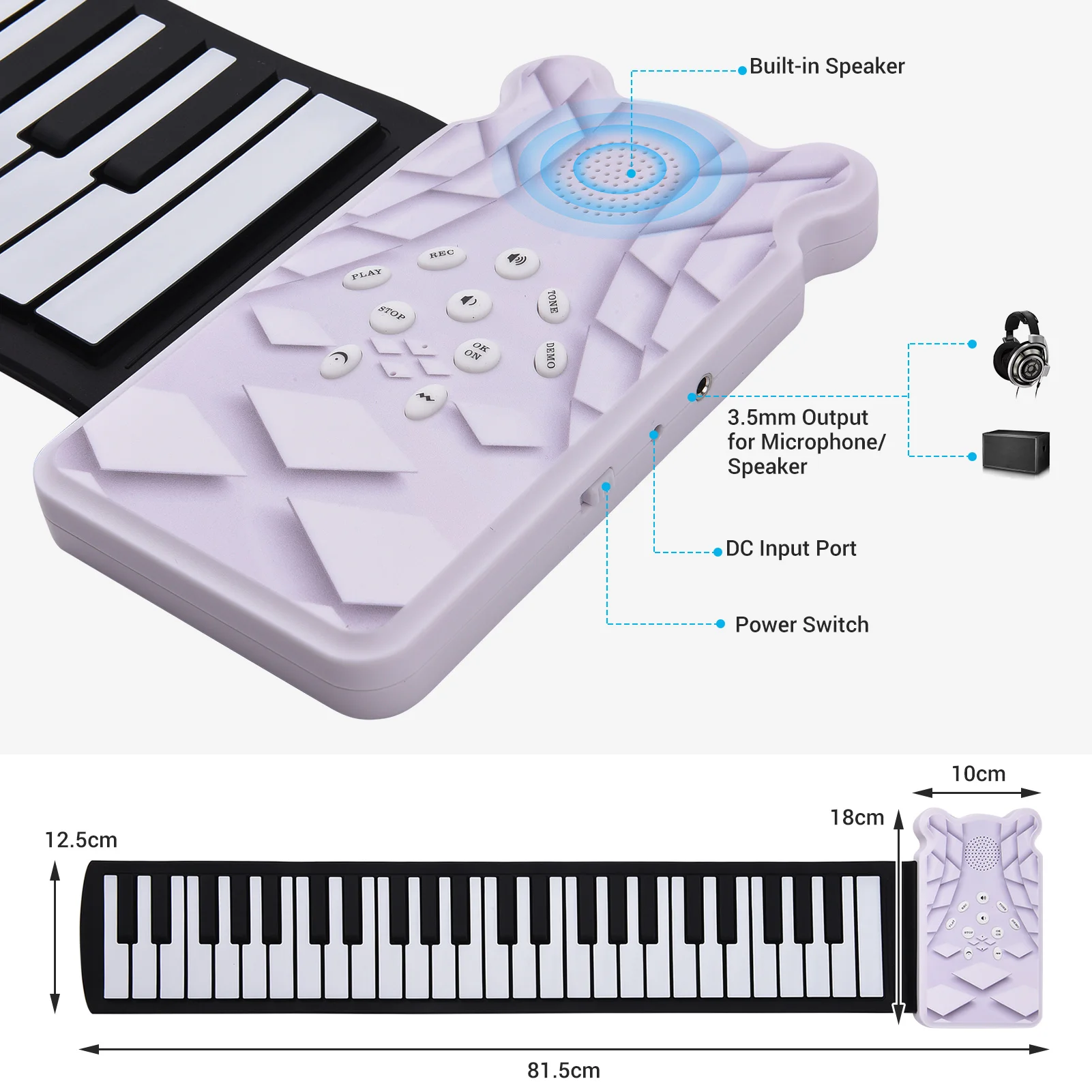

Portable 49-key Roll-up Electronic Piano Keyboard 8 Tones 6 Demos Record Funtion Built-in Speaker with Echo Sustain Trill Effect