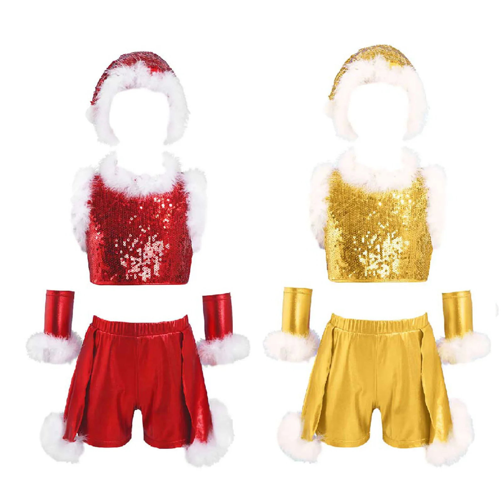 

Детский Рождественский костюм для девочек, жилет с украшением из искусственного меха с блестками, топы с шортами, шапка и рукава для рук, Ком...
