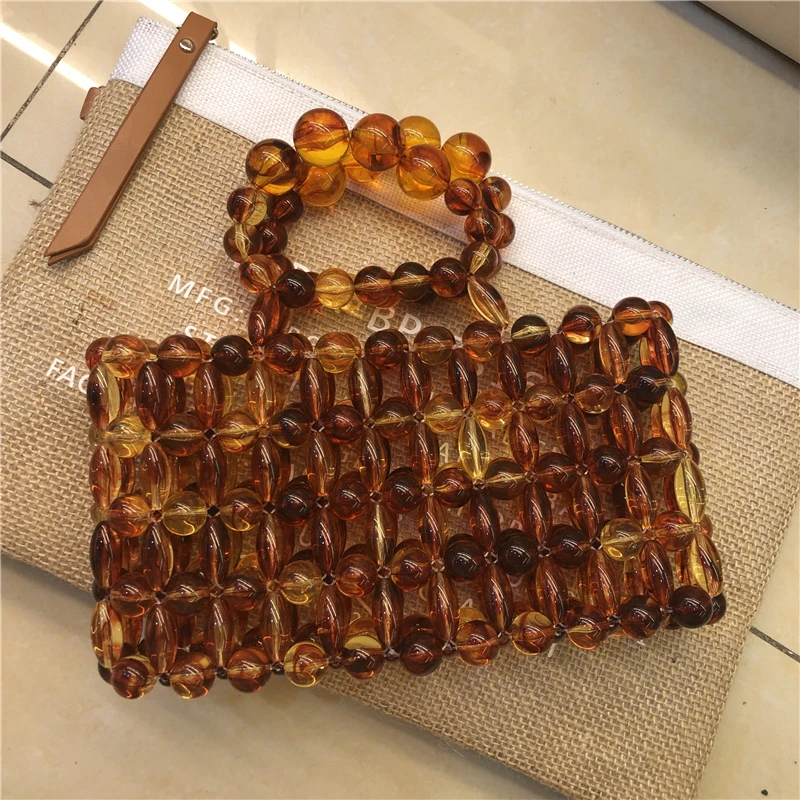

Wood Beading Bags Crystal Acrylic Vintage National Wind Girls Beading Totes Fashion Summer Beach Bags Dropshipping