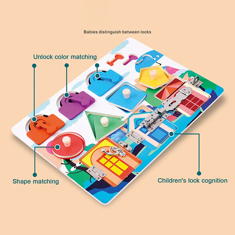 

Children Wooden Educational Toys Shape Color Match Cognition Game Montessori Toy Open Lock Board Lock Puzzle Gift