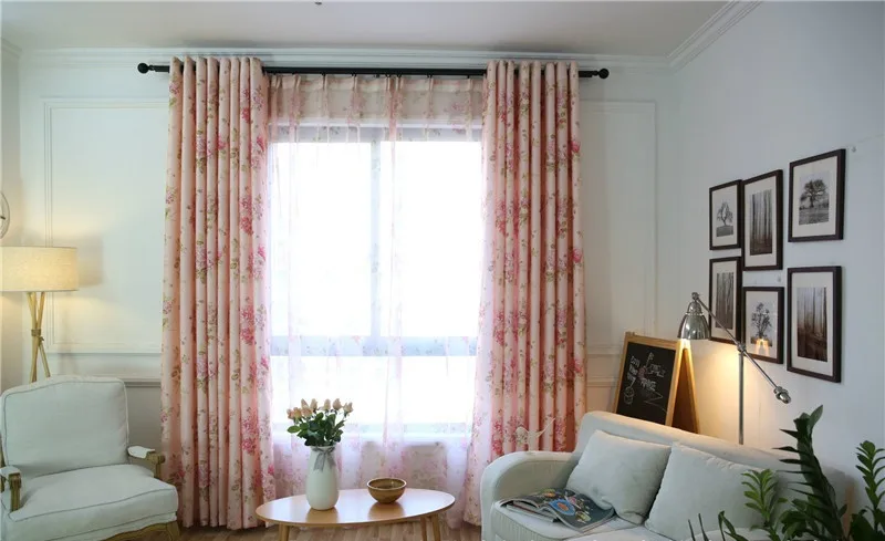 Blue Floral Curtain For Living Room Luxury Semi Blind Drape Window Panel Fabric Curtain For Bedroom Shading Pink Sheer HM386*30