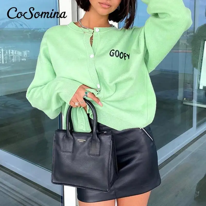 

Повседневный вязаный кардиган CoSomina с длинными рукавами, женская модная однотонная куртка с круглым вырезом, корейские однобортные Топы в с...