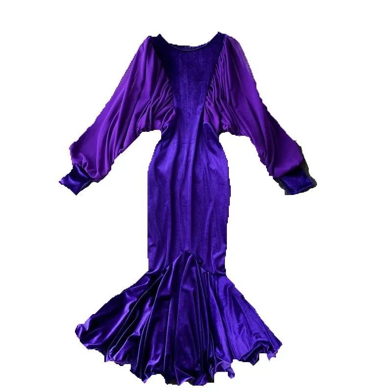 

Batwing Sleeve O-Neck Velvet Dress Fashion Temperament Waist Thin Fishtail Ladies Long skirt Evening Vestidos Female