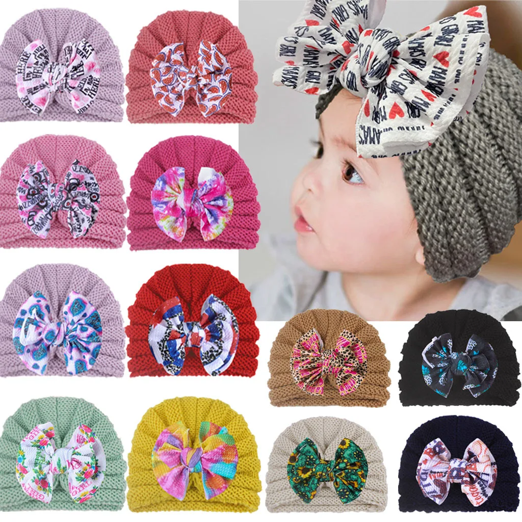 

2021 New Autumn and Winter Knitted Hat Children's Hat Bow Wool Hat Baby Hat Turban Hat Baby Beanie Caps Boys Girls Headwraps
